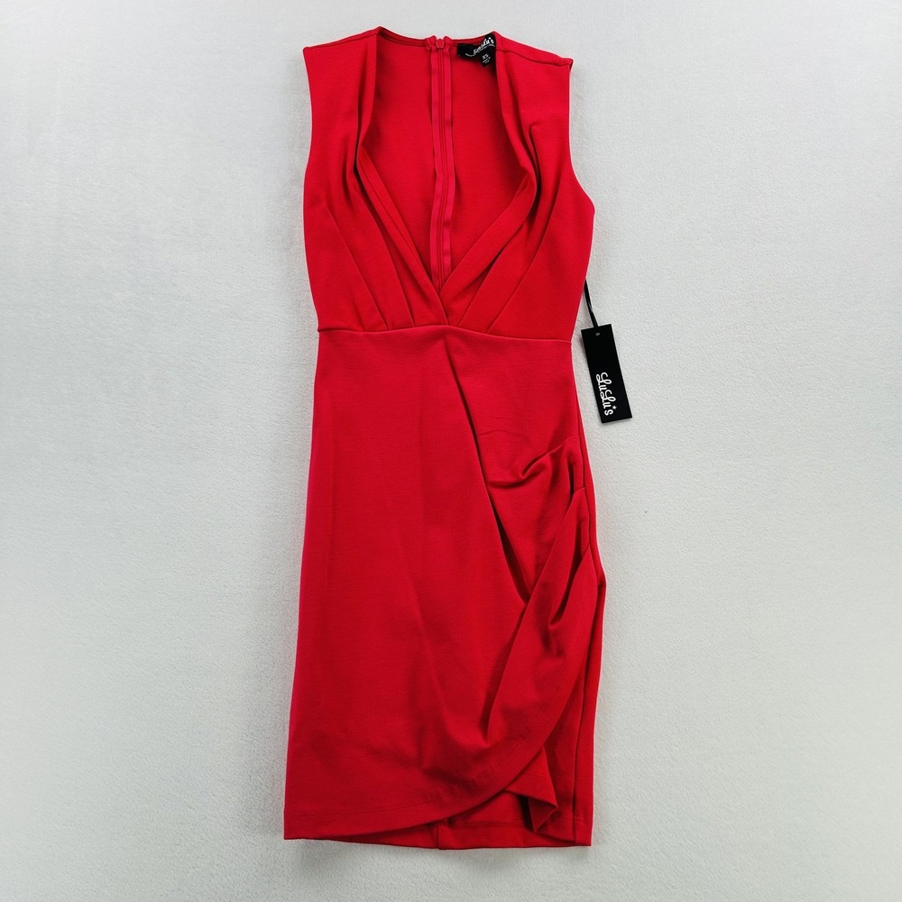 Lulus Dress Womens XS Red Plunge‎ V Neck Bodycon Wrap Ruched Tulip Hem Cocktail